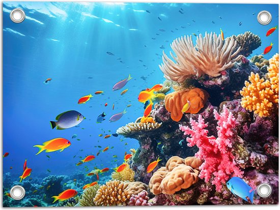 Tuinposter – Felkleurige Koraal Omringd door Tropische Vissen op Zeebodem - 40x30 cm Foto op Tuinposter (wanddecoratie voor buiten en binnen)