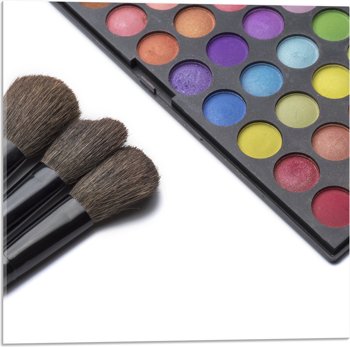 Acrylglas - Foto van Oogschaduw Kwasten met Kleurrijk Palette - 50x50 cm Foto op Acrylglas (Wanddecoratie op Acrylaat)