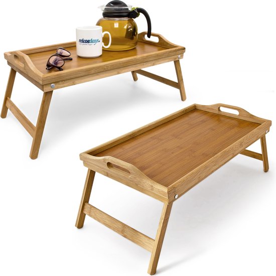 Relaxdays 2x bedtafel bamboe - inklapbaar dienblad op poten - ontbijt op bed - handgrepen