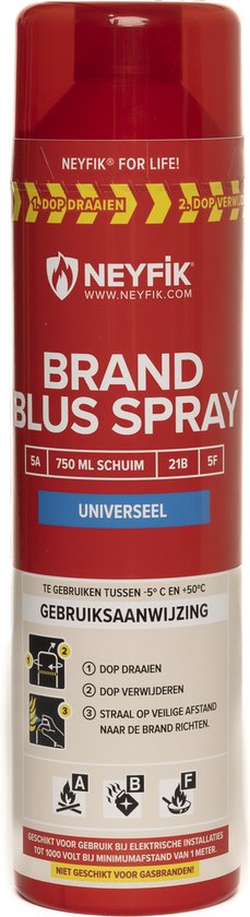 Rode spuitbus van NEYFIK met 'BRAND BLUS SPRAY' en pictogrammen voor gebruik.