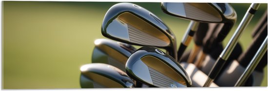 Acrylglas - Golf Clubs in Trolley op Golfbaan - 90x30 cm Foto op Acrylglas (Wanddecoratie op Acrylaat)