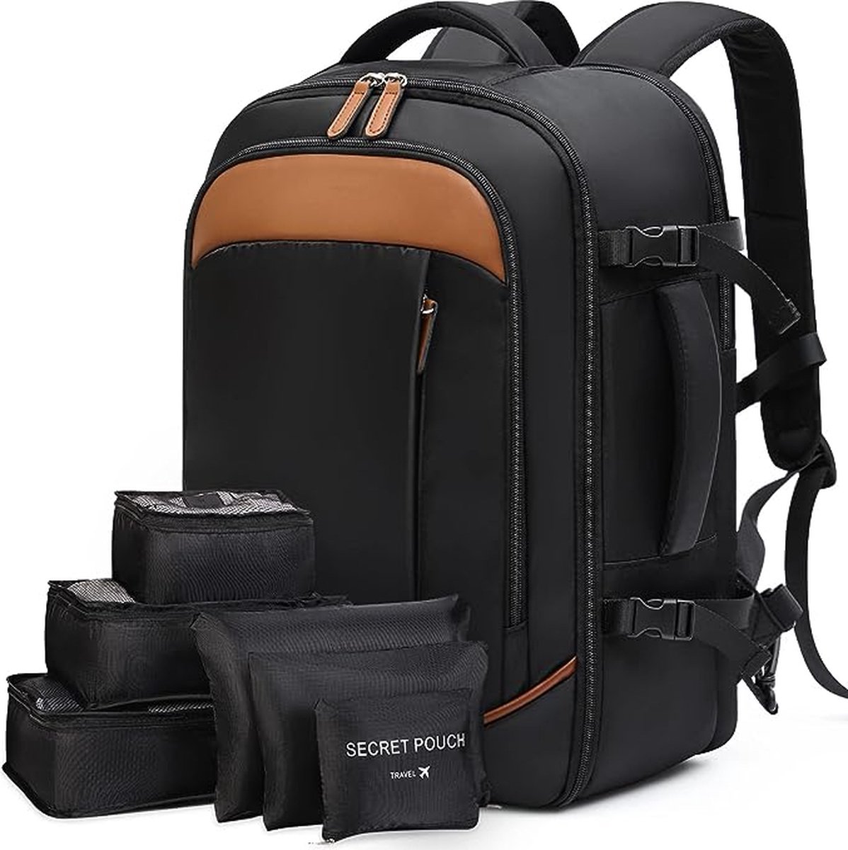 SHOP YOLO - Rugzak Dames reizen -Handbagage- 6-delige kledingzakken- waterdichte -17.3 inch laptop met USB - Zwart & Bruin
