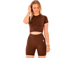 DM Training Comfort sportset dames – Cropped T-shirt + high waist short – Ademend & sneldrogend – Yoga/Fitness (bruin)
