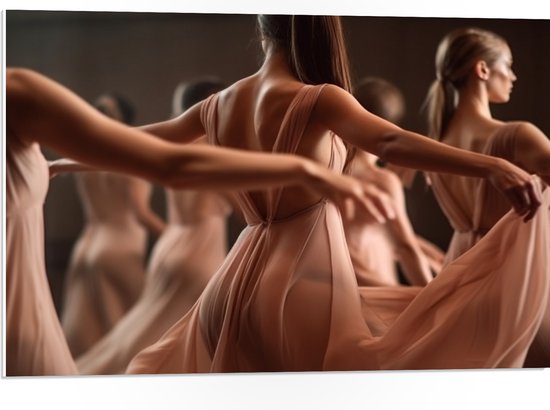 PVC Schuimplaat- Elegante Vrouwen in Jurken aan het Dansen - 75x50 cm Foto op PVC Schuimplaat