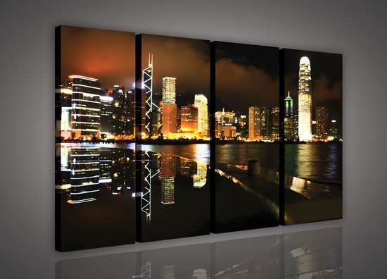 Canvas Schilderij - Hong Kong - Stad - Lichten - Skyline - Toren - Gebouw - Schilderij Woonkamer - Schilderijen op canvas - Inclusief Frame - 120x80cm (LxB) - 4 Luiks - 4 Delen