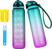 Drinkfles met rietje, 1 liter, waterfles met tijdmarkeringen en reinigingsborstel, BPA-vrij Tritan, 1 klik openen in waterfles voor fiets, camping, yoga, gym, kinderen