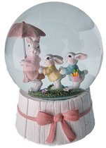 Viv! Christmas Pasen Sneeuwbol incl. muziekdoos - Drie paashaasjes met paraplu - roze wit - 16 cm hoog - Pasen Kunststof / Roze