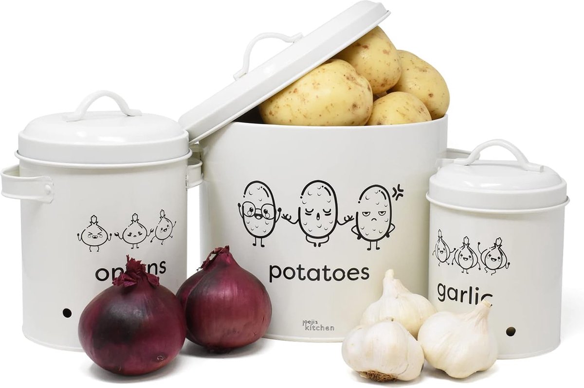 Set of 3 Potato, Onion and Garlic Storage with Cover and Vent Holes, Steel Vegetable Storage Tins. Potato Storage, Onion Storage, Garlic Pot. Cream Colour