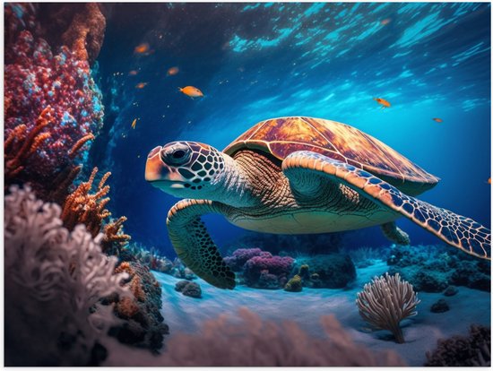 Poster Glanzend – Grote Zeeschildpad Zwemmend bij Koraal op de bomen van de Zee - 40x30 cm Foto op Posterpapier met Glanzende Afwerking