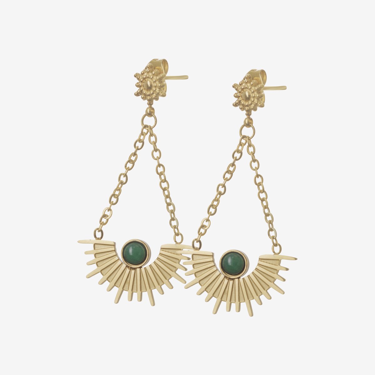 Essenza Half Circle Green Stone Earrings Gold