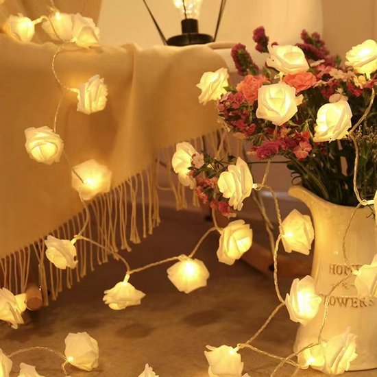 Guirlande de lampes décoratives LED fleur de rose - Éclairage d'ambiance romantique - à piles - 3 mètres, 20 lumières LED - blanc