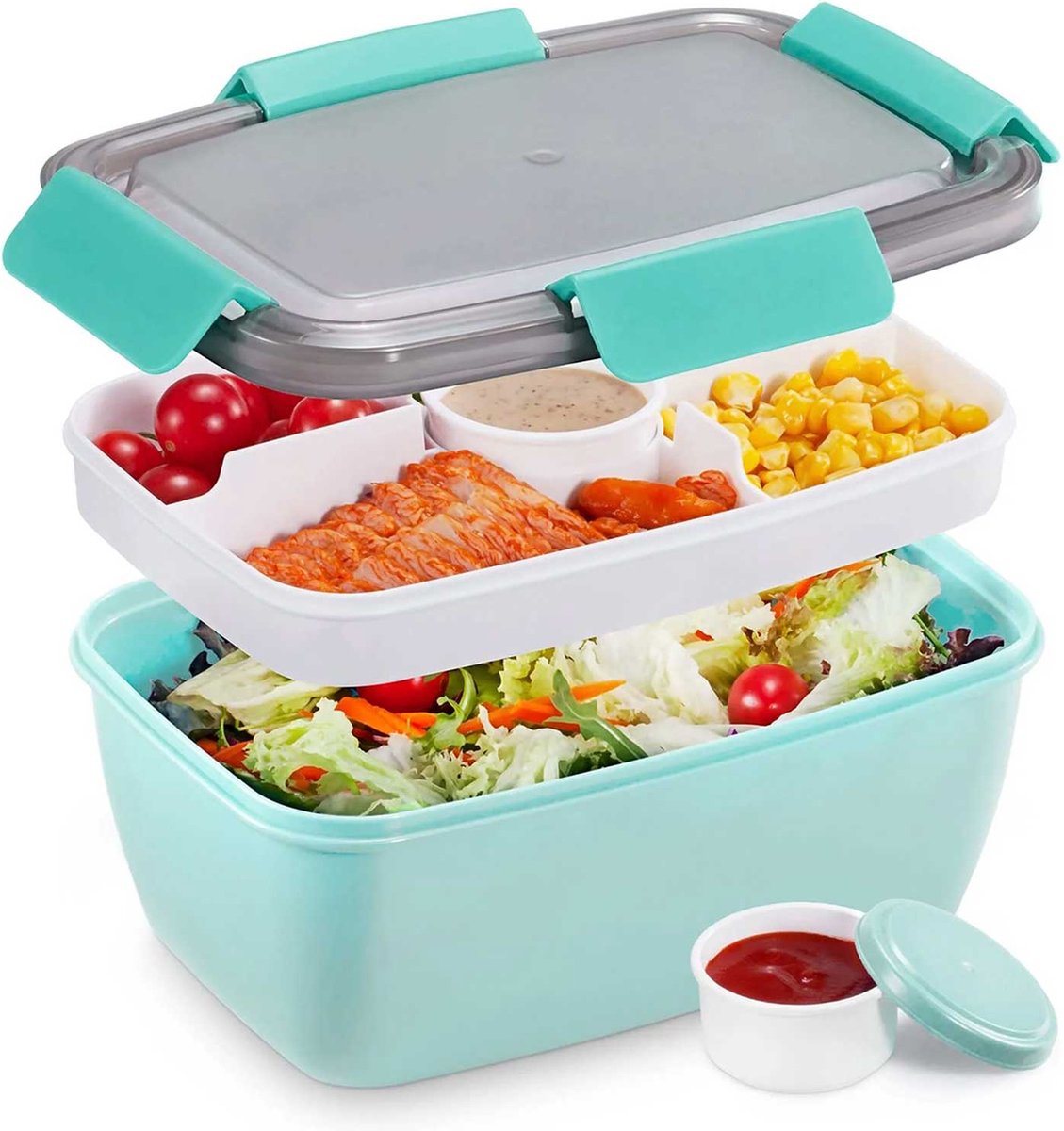 Luxe Meerlaagse Lunchbox met Vakjes Mintgroen 2L – Lunchbox Volwassenen – Japanse Bento Box – Lunchbox Kinderen – Salade To Go – Brooddoos Volwassenen – Broodtrommel – Lunchtrommel – Salade Lunchbox – Saladebox – Salade Box