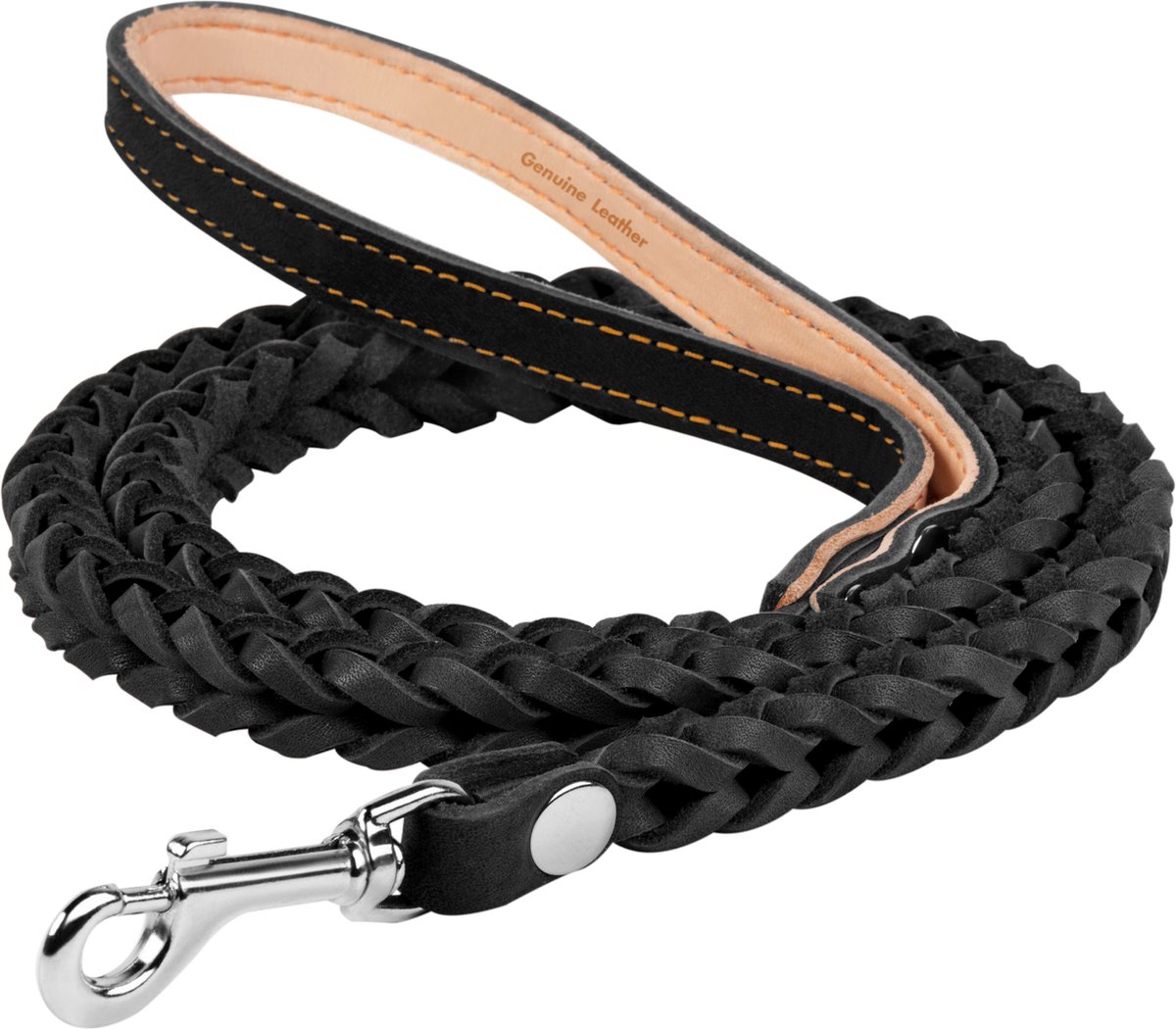 WAUDOG Classic Hondenriem - Gevlochten (rond) - Leder - Zwart - Diameter: 16 mm - Lengte: 122 cm