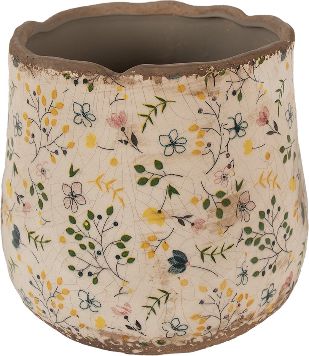 Keramiek Bloempot voor Binnen – Beige Bloemen – Rustieke Pot – Ø 21 cm – Bloemenmotief