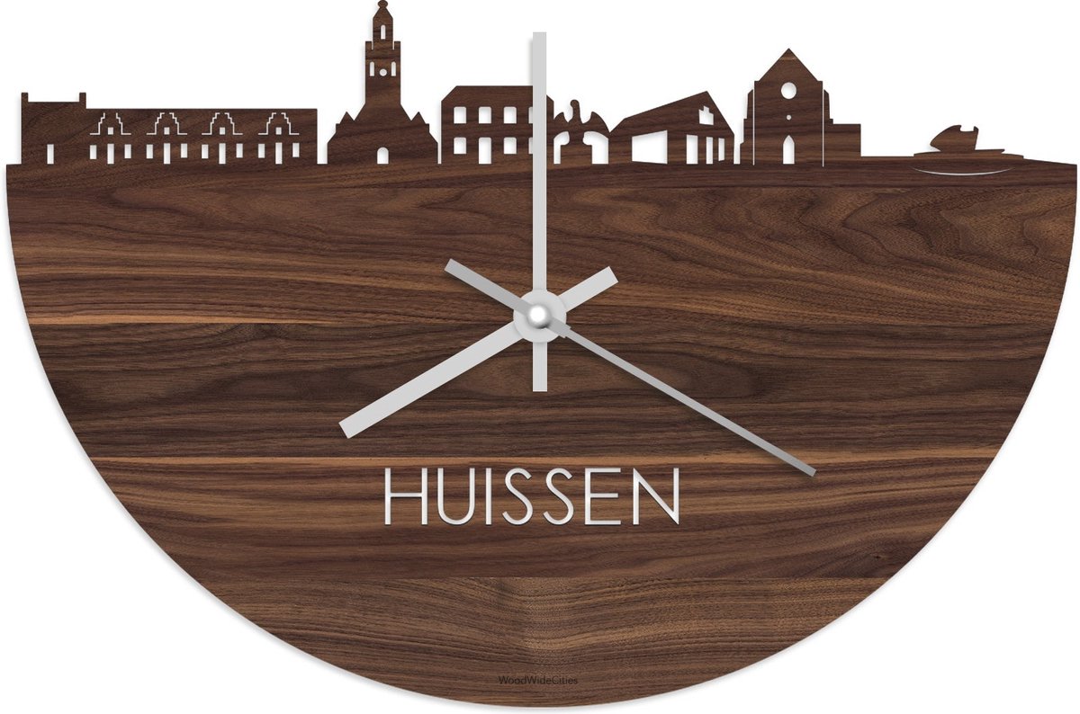 Skyline Klok Huissen Notenhout - Ø 40 cm - Stil uurwerk - Wanddecoratie - Meer steden beschikbaar - Woonkamer idee - Woondecoratie - City Art - Steden kunst - Cadeau voor hem - Cadeau voor haar - Jubileum - Trouwerij - Housewarming - WoodWideCities