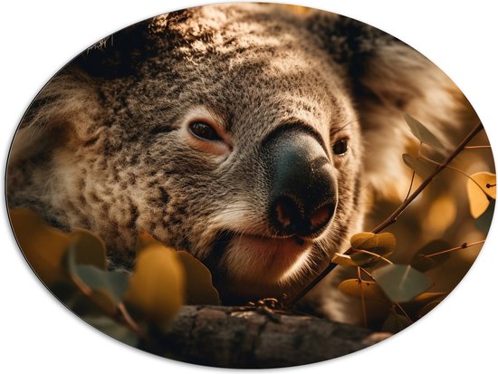 Dibond Ovaal - Close-up van Koala Kop tussen de Planten - 96x72 cm Foto op Ovaal (Met Ophangsysteem)
