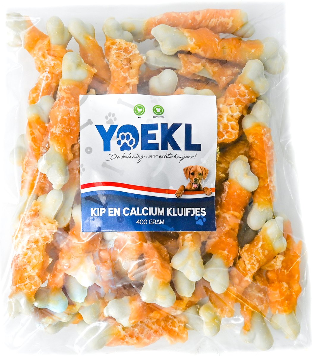 Bol.com YOEKL Kip en Calcium Kluifjes - 400 Gram - Hondensnacks - Hondensnoepjes - Hondensnacks Gedroogd aanbieding