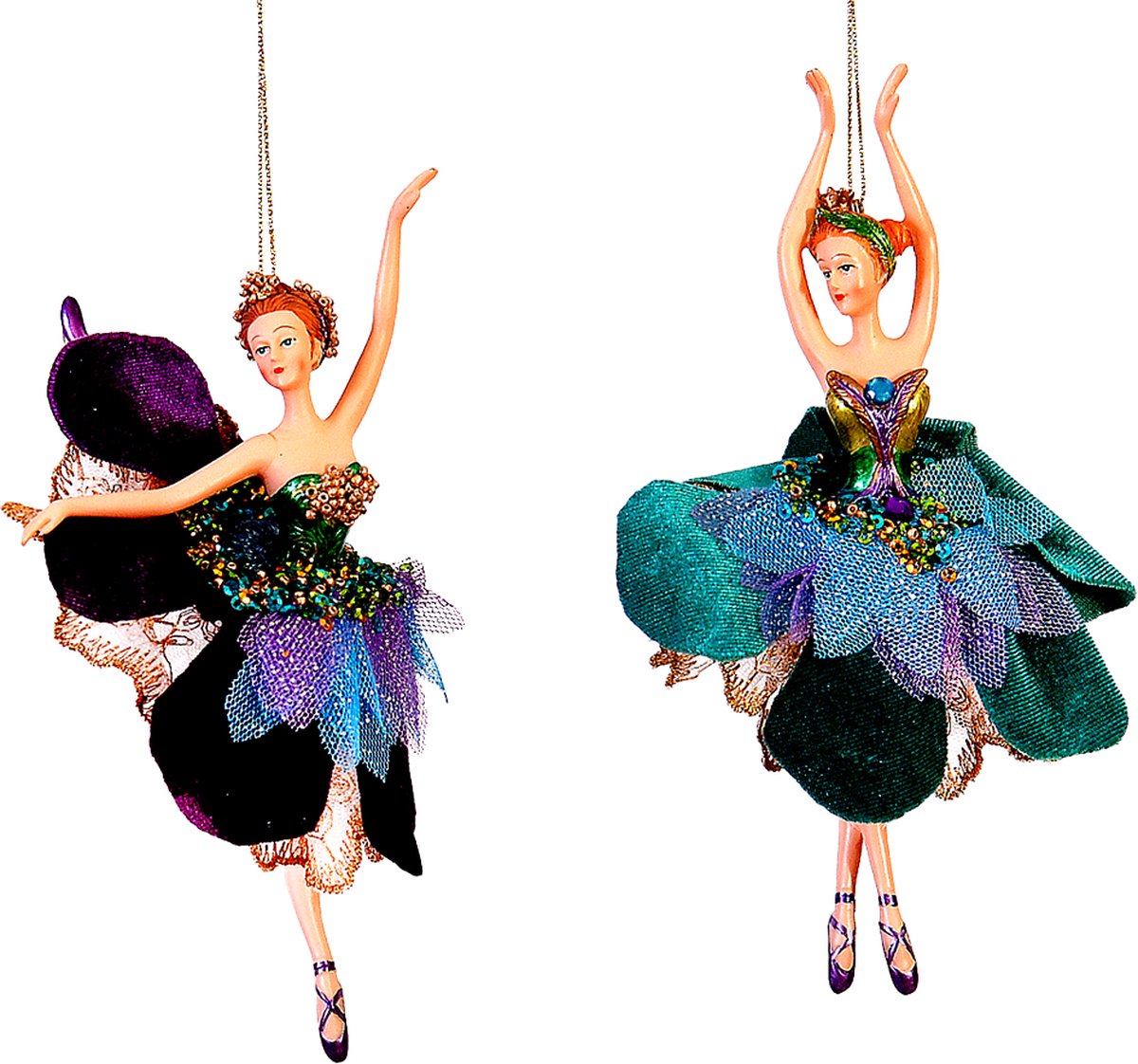 Viv! Christmas Kerstornament - Ballerina's Pauwenrok - set van 2 - pauw blauw groen paars - 18cm
