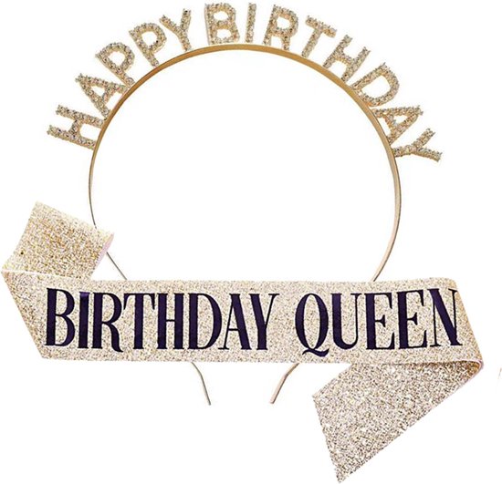 Happy Birthday Tiara en Sjerp-Met text "Birthday Queen"- Ideaal als Cadeau voor Verjaardagen-birthday diadeem-goud