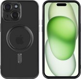 Hoesje Geschikt voor iPhone 15 Plus met magnetisch ring - Lens beschermer – backcover – Transparant / Zwart