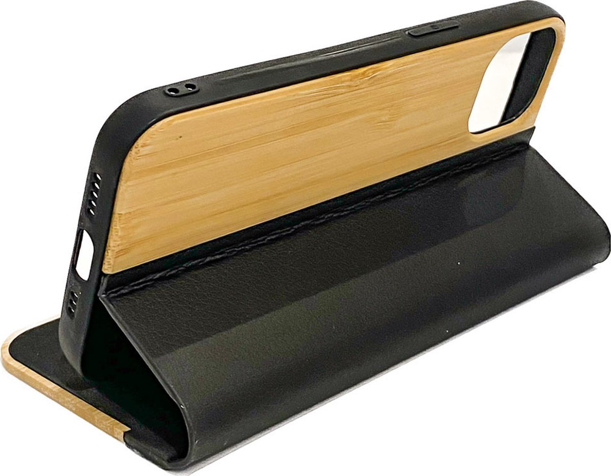 Houten design flip case, iPhone 13 pro max – Bamboe met zwart leer