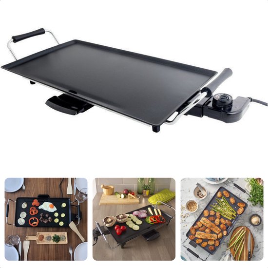 BEHOME Elektrische Grillpan Van Gietijzer Met Dubbele Antiaanbakplaat Grilltemperatuur Instelbaar En 1800 W Vetopvangbak