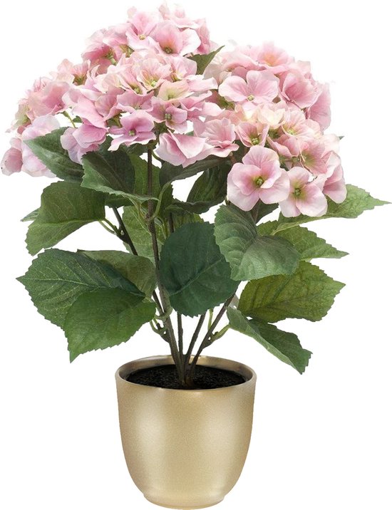 Hortensia kunstplant/kunstbloemen 40 cm - roze - in pot goud mat - Kunst kamerplant