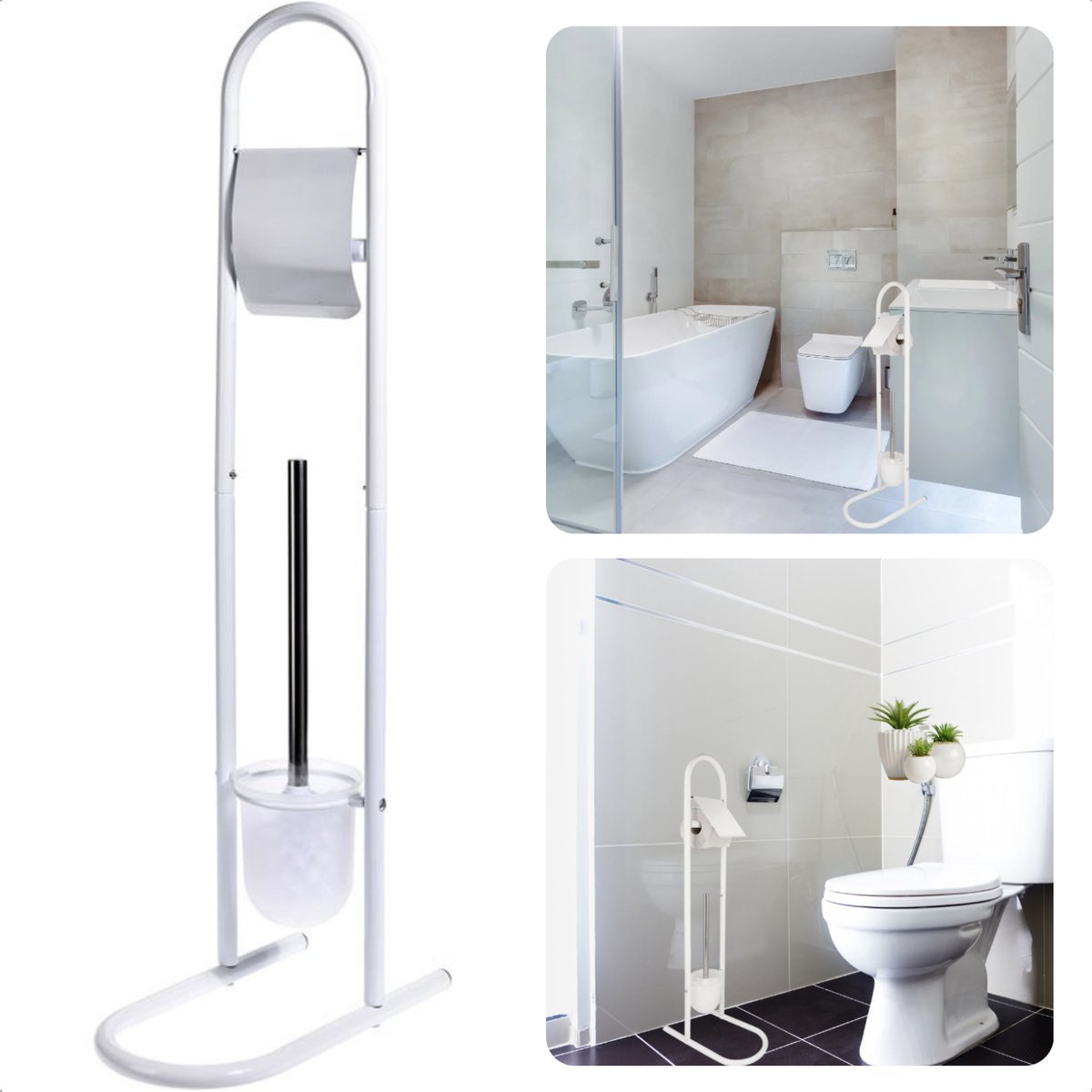 Cheqo® Toiletborstel met Houder - Toiletbutler - Toiletrolhouder - WC Borstel met Houder - Rolhouder - Wit Gelakte Metalen Buizen - Kunststof - 30x16x78cm