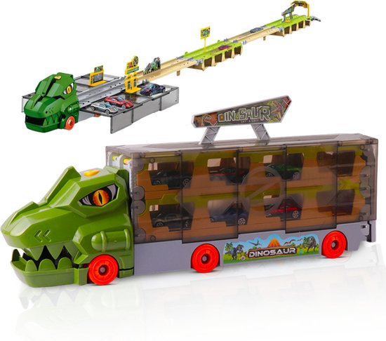 Nince Dinosaurus Speelgoed Autotransporter - Speelgoed Auto - Kinderspeelgoed - Met 6 Race Auto's