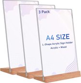 Acrylstandaard A4, 3 stuks tafelstandaard A4 met houten voet, posterstandaard voor posters, flyers, menu's, L-standaard voor reclamestandaards, restaurants, balies