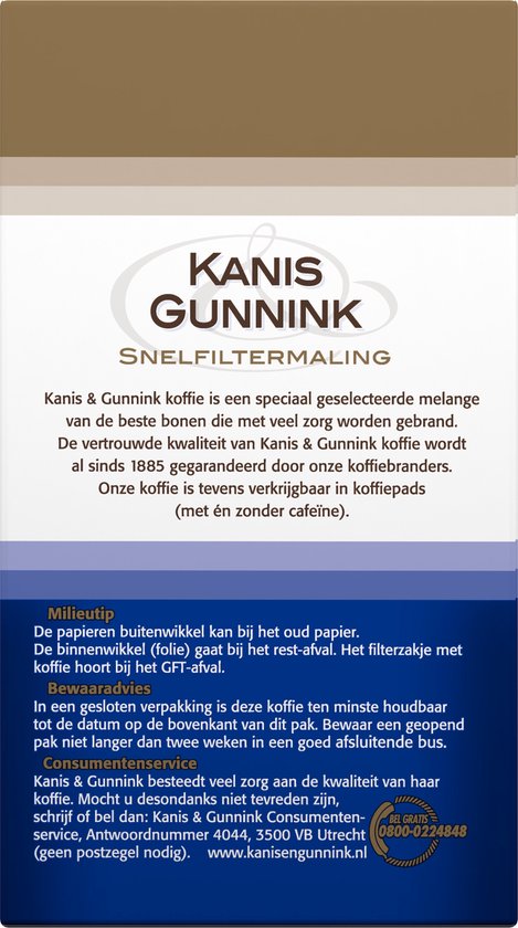 Achterkant verpakking Kanis & Gunnink, met informatie over milieu en consumentenservice.