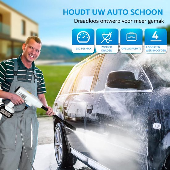 Hogedrukreiniger - Hogedrukspuit - Draadloos - Draagbaar - Compact - 6-in-1 - 21V - 4.0Ah - Incl Sneeuwschuim - Mondstuk - 30 Bar - Jet Nozzle - Hoek Nozzle - Wit - 435PSI 30 Bar — afbeelding 3
