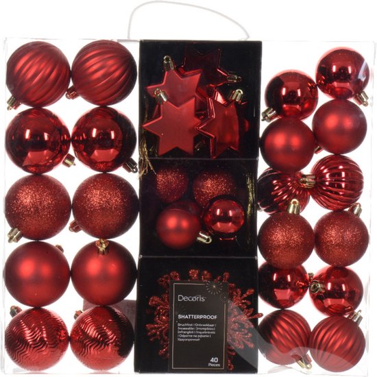 Decoris Boules de Noël et décorations de Noël - 40x - plastique - rouge - mélange