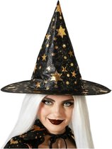 Halloween heksenhoed - met sterren - one size - zwart/goud - meisjes/dames - verkleed hoeden