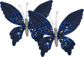 Decoris décoration papillons sur clip - 2x pièces - bleu foncé - 15 cm