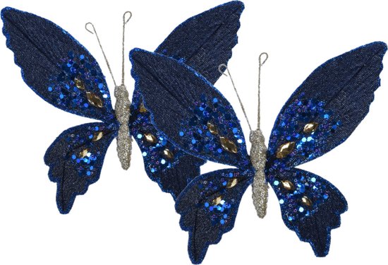 Decoris decoratie vlinders op clip - 2x stuks - donkerblauw - 15 cm