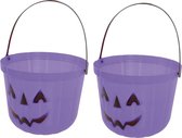 Trick or treat snoep emmertje - 2x - pompoen - paars - D20 cm - Halloween snoep ophalen