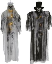 Horror/halloween decoratie spook bruid en bruidegom poppen set - met verlichting - hangend - 180 cm