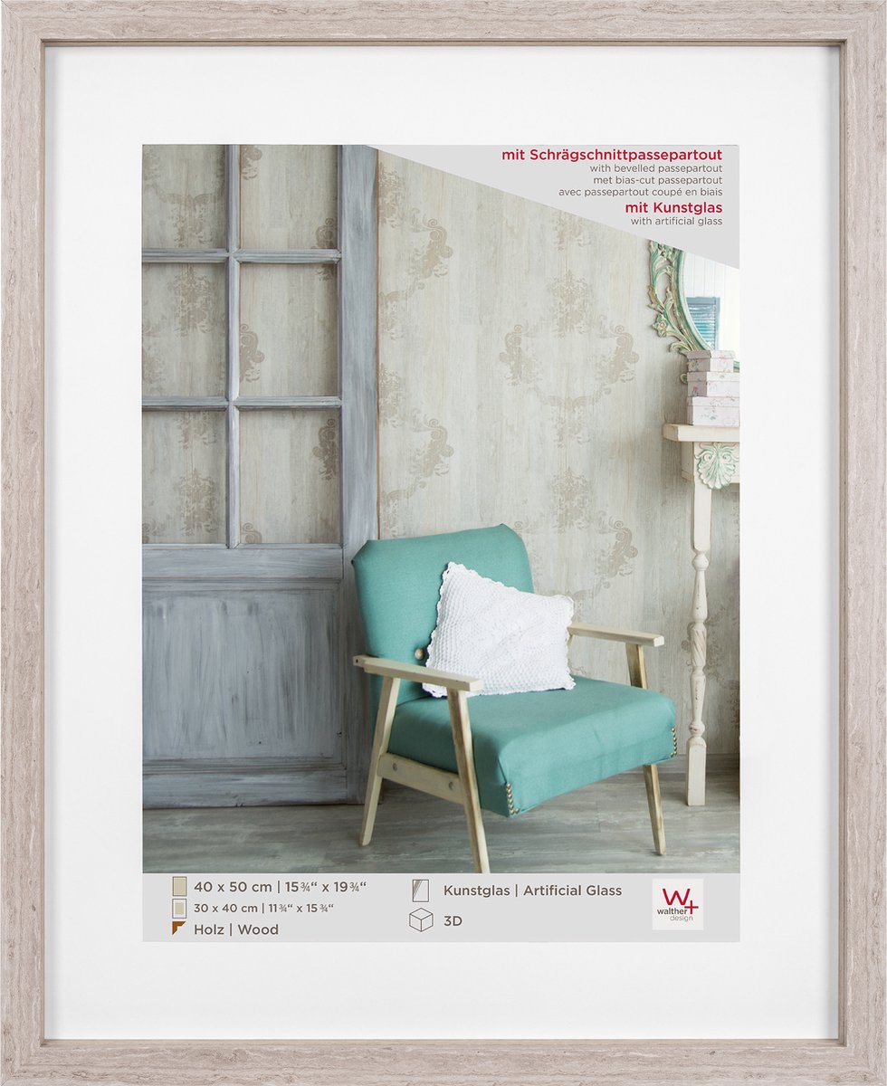 Walther Stockholm - 3D MDF Houten lijst - Fotoformaat 40x50 - Kunstglas - Grijs