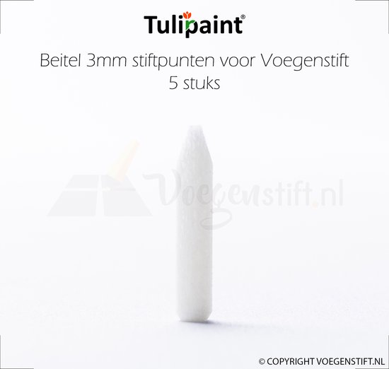 Een enkele witte beitelpunt van 3 mm voor voegentift, met de tekst 'Tulipaint' en 'Beitel 3mm stiftpunten voor Voegenstift 5 stuks'.