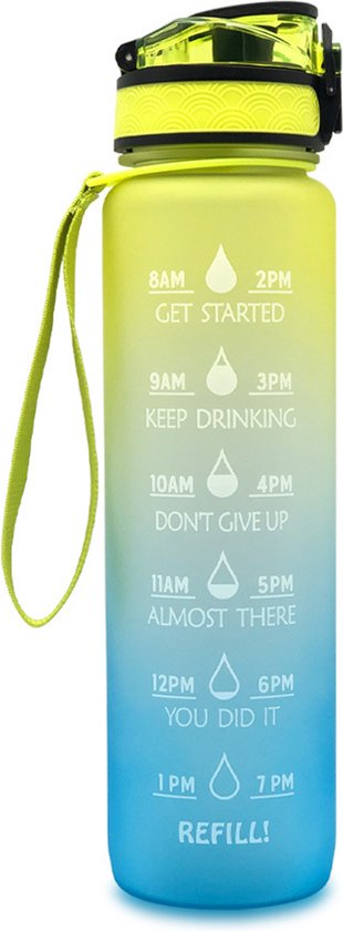 Motiverende waterfles 1L Drinkfles, sportwaterfles van en tijdmarkeringen, lekvrije tijdwaterfles met BPA-vrij deksel Perfect voor Fitness,Kantoor,Gym en Openluchtsporten