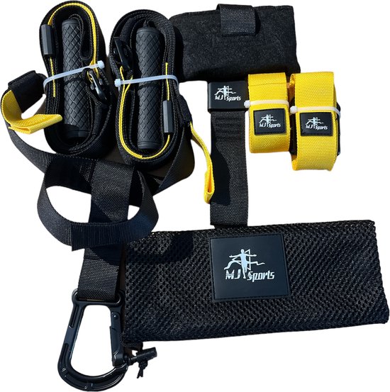 MJ Sports Premium TRX Suspension Trainer - Complete TRX Training set - Resistance Band - Weerstandsbanden - Calisthenics - Full Body Workout - Inclusief Draagtas - Fitness - Zwart/Geel
