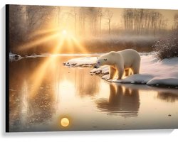 Canvas - IJsbeer bij Beekje in Sneeuw Landschap met Zonsondergang - 100x75 cm Foto op Canvas Schilderij (Wanddecoratie op Canvas)