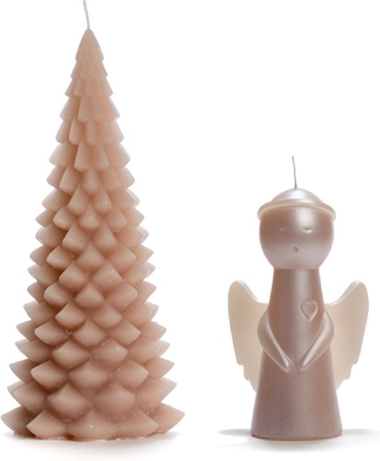 Cactula kwaliteits set kerst kaarsen 1 kerstboom kaars in skin kleur 13,5 x 30 cm en 1 engel kaars in skin kleur 7 x 16 cm