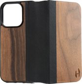 Houten design flip case, iPhone 14 pro– Noten met zwart leer