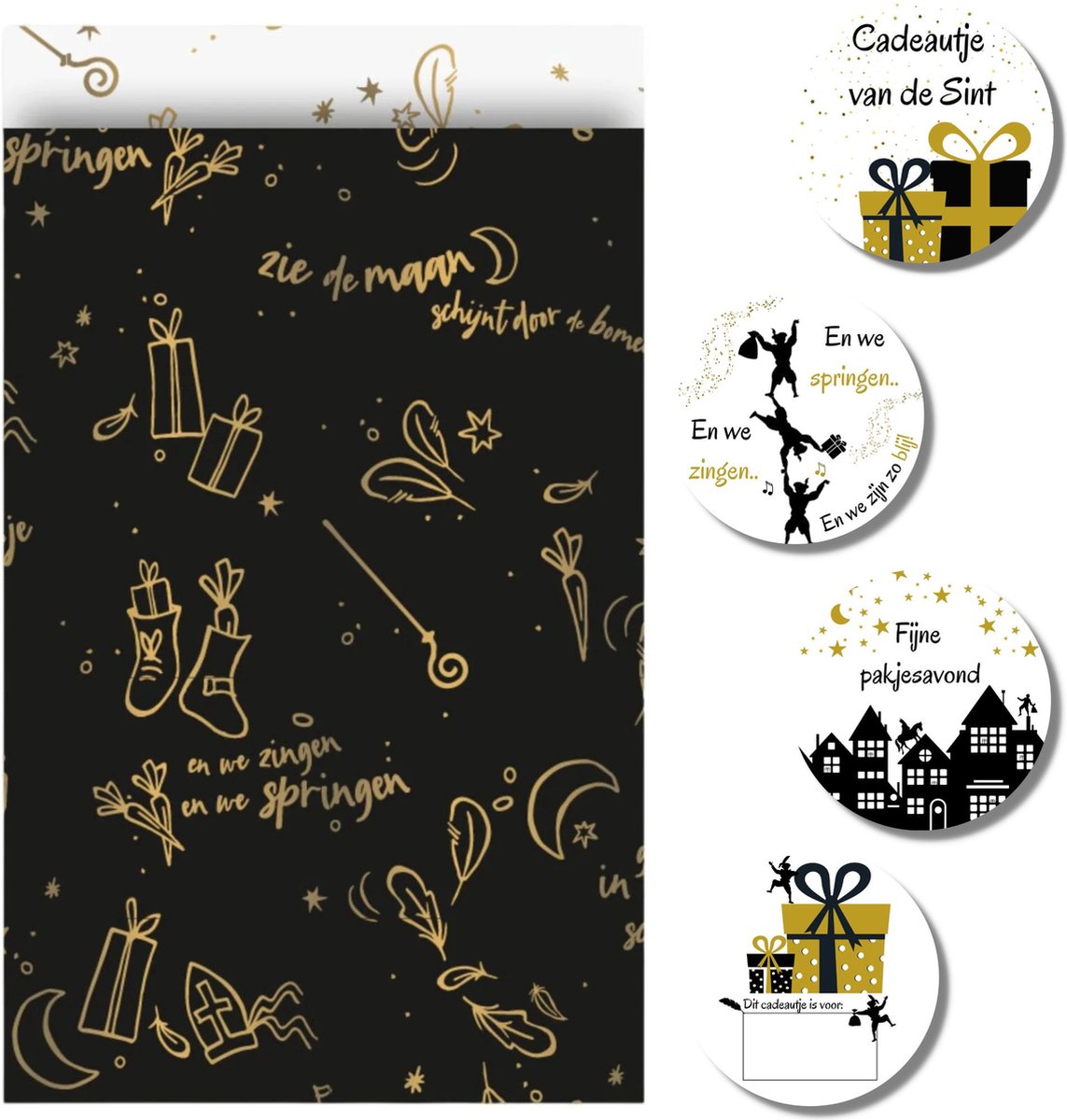 Sinterklaas Zwart Gouden Papieren Inpakzakjes - 10 Stuks - Cadeau Inpakken - Stickers - Cadeauzakjes - 12 x 19 cm