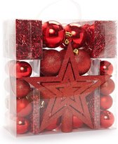 Kerstboomversiering - rood - 45-delig - set incl. boompunt, ballen, parelkettingen en slingers - kunststof