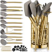 Kookgerei - Keukengerei Kitchen Set - 38 delige set met Houder - Roestvrij Staal en Siliconen Keuken Set - Goud en Grijs - BPA vrij - Kuekengerei Set