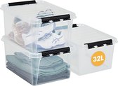 Opbergdoos met deksel, 32 l, 3-pack, versterkt, groot, transparant, geschikt voor levensmiddelen, met clipsluiting, stapelbaar, BPA-vrij plastic, 50 x 39 x 26 cm (l x b x h)