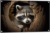 Tuinposter – Wasbeer kijkt door gat in boom - 90x60 cm Foto op Tuinposter (wanddecoratie voor buiten en binnen)